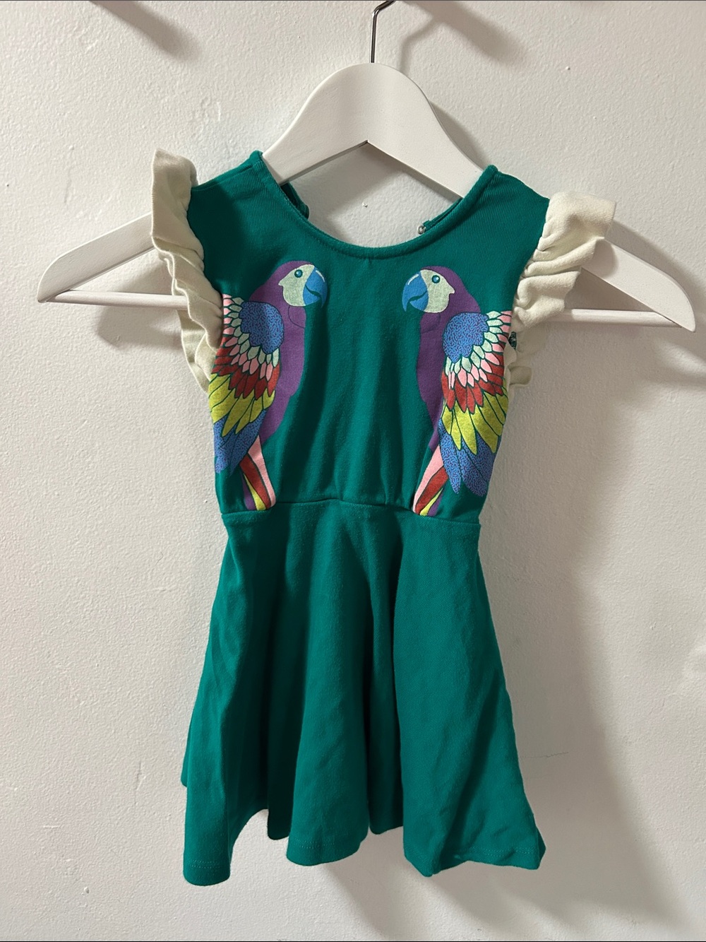 Girls' Teal Parrot Print Ruffle-Shoulder Dress